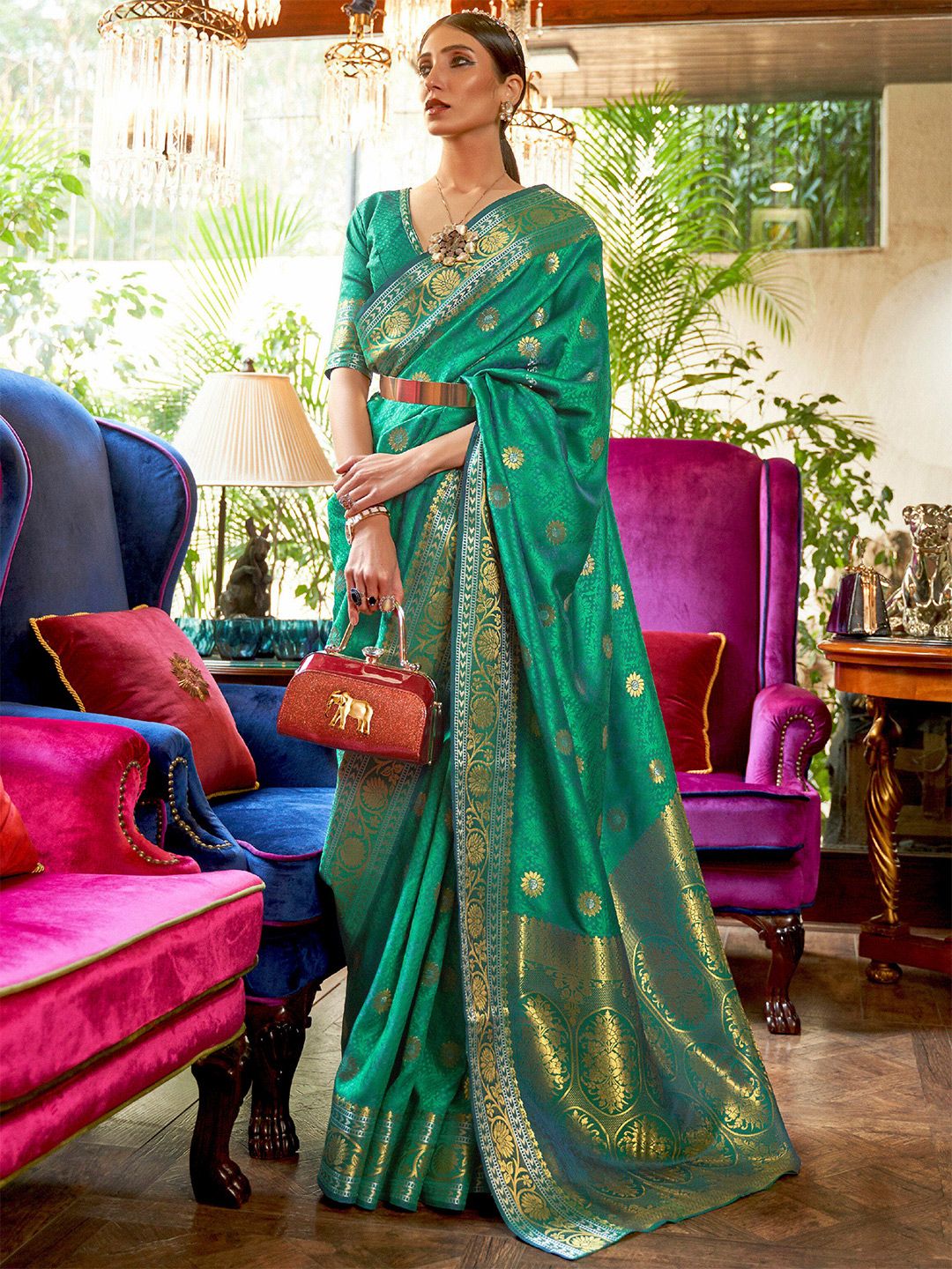 Mitera Teal Woven Design Zari Silk Blend Banarasi Saree Price in India