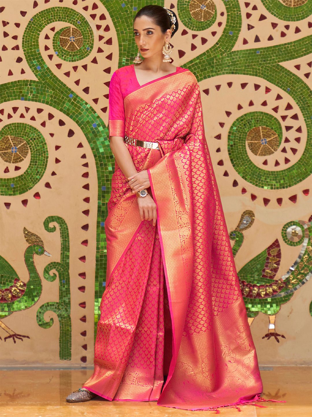 Mitera Pink & Gold-Toned Floral Zari Silk Blend Banarasi Saree Price in India