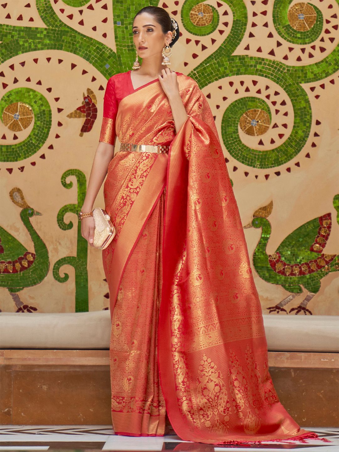 Mitera Red & Gold-Toned Floral Zari Silk Blend Banarasi Saree Price in India