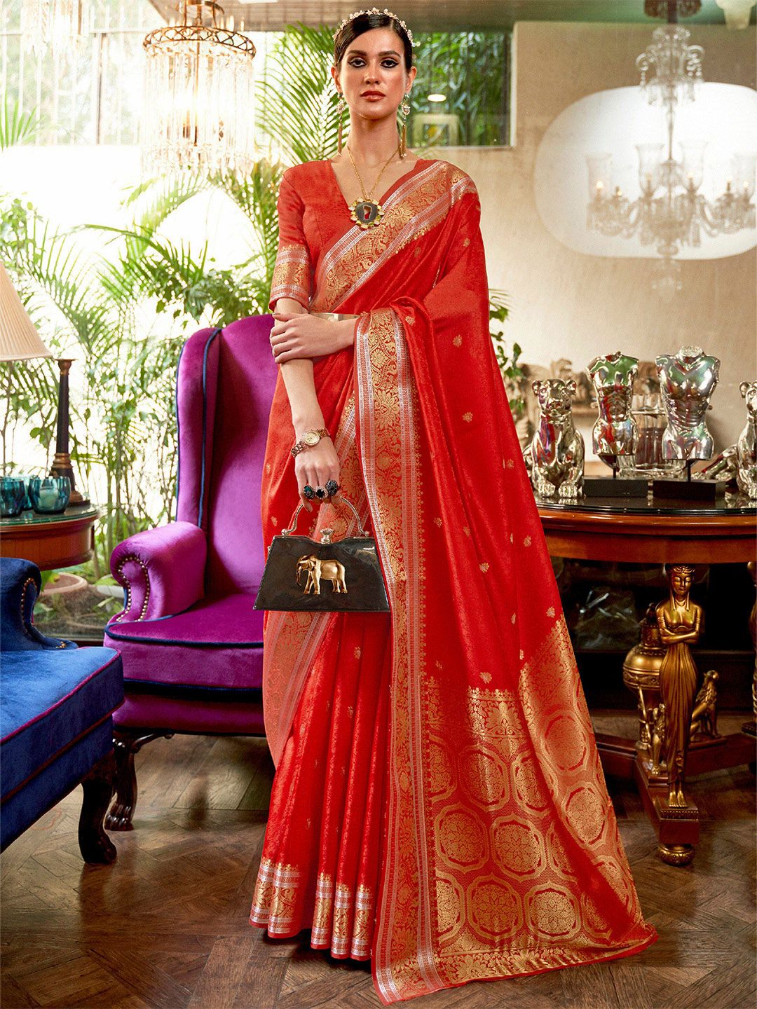 Mitera Red & Gold-Toned Woven Design Zari Silk Blend Banarasi Saree Price in India