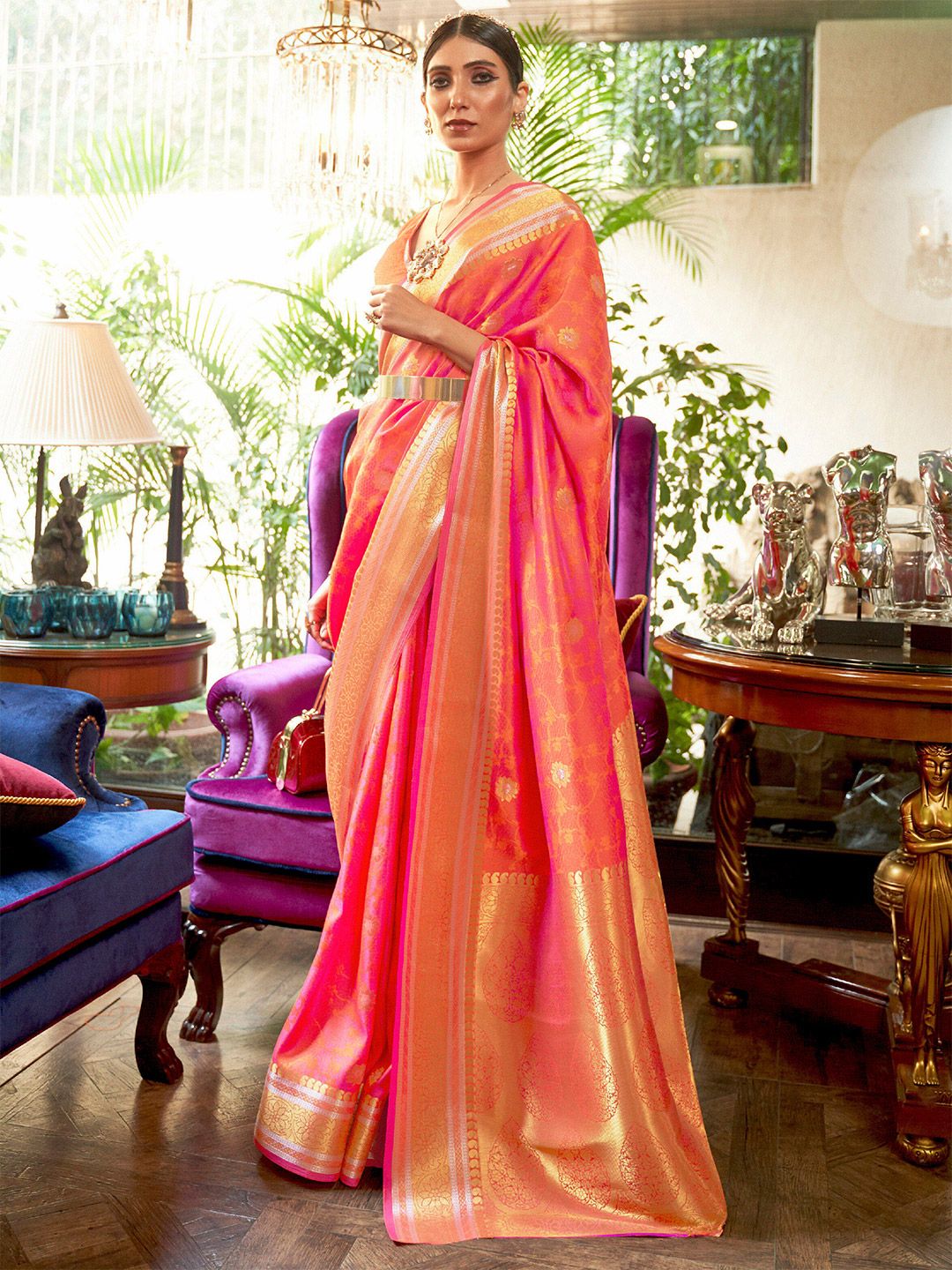Mitera Peach-Coloured & Golden Floral Zari Silk Blend Banarasi Saree Price in India