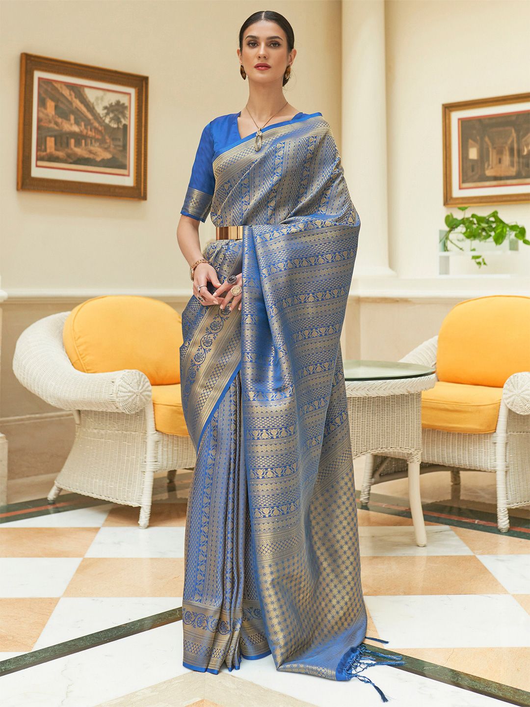 Mitera Blue & Gold-Toned Woven Design Silk Blend Kanjeevaram Saree Price in India