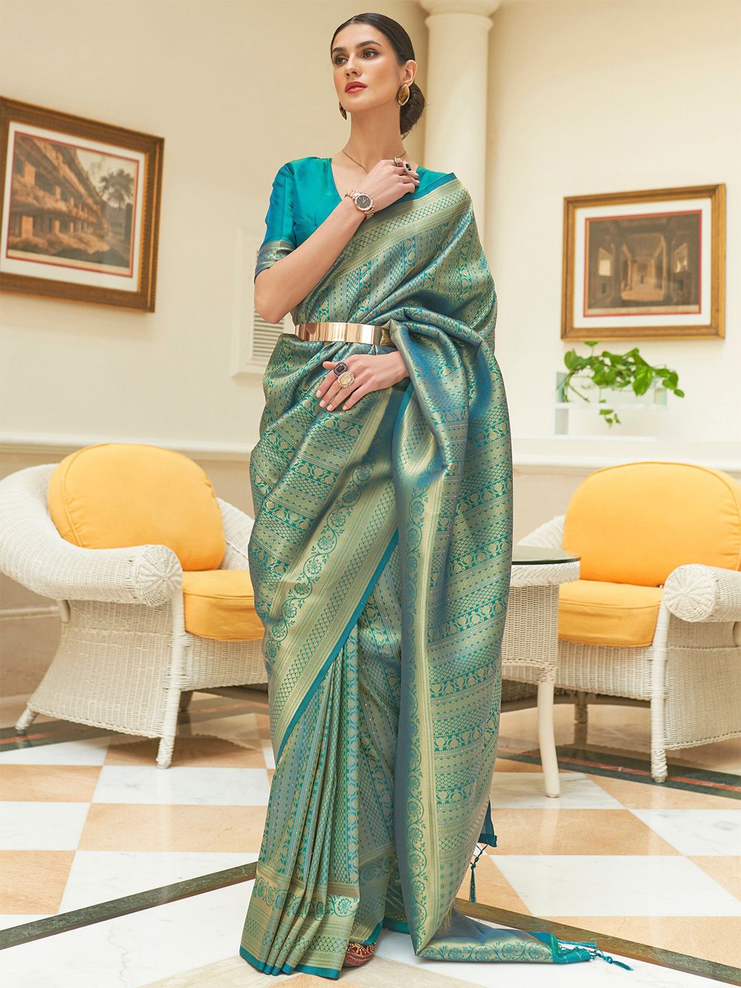 Mitera Teal & Golden Floral Zari Silk Blend Kanjeevaram Saree Price in India