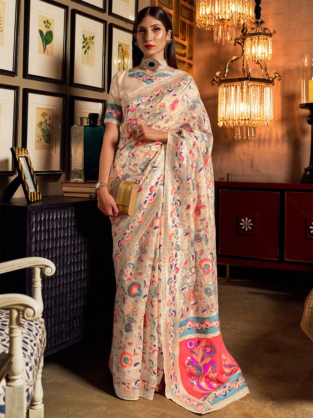 Mitera Cream-Coloured & Pink Woven Design Silk Blend Banarasi Saree Price in India