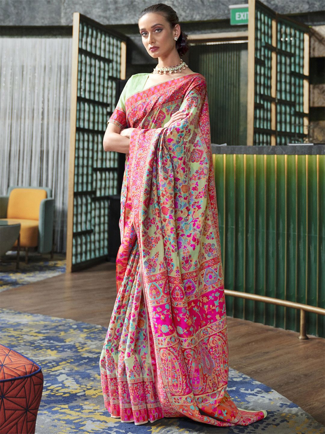 Mitera Sea Green & Pink Ethnic Motifs Banarasi Saree Price in India