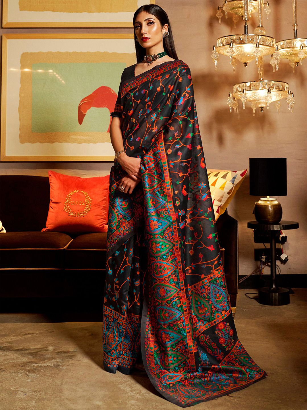 Mitera Black & Red Woven Design Silk Blend Banarasi Saree Price in India