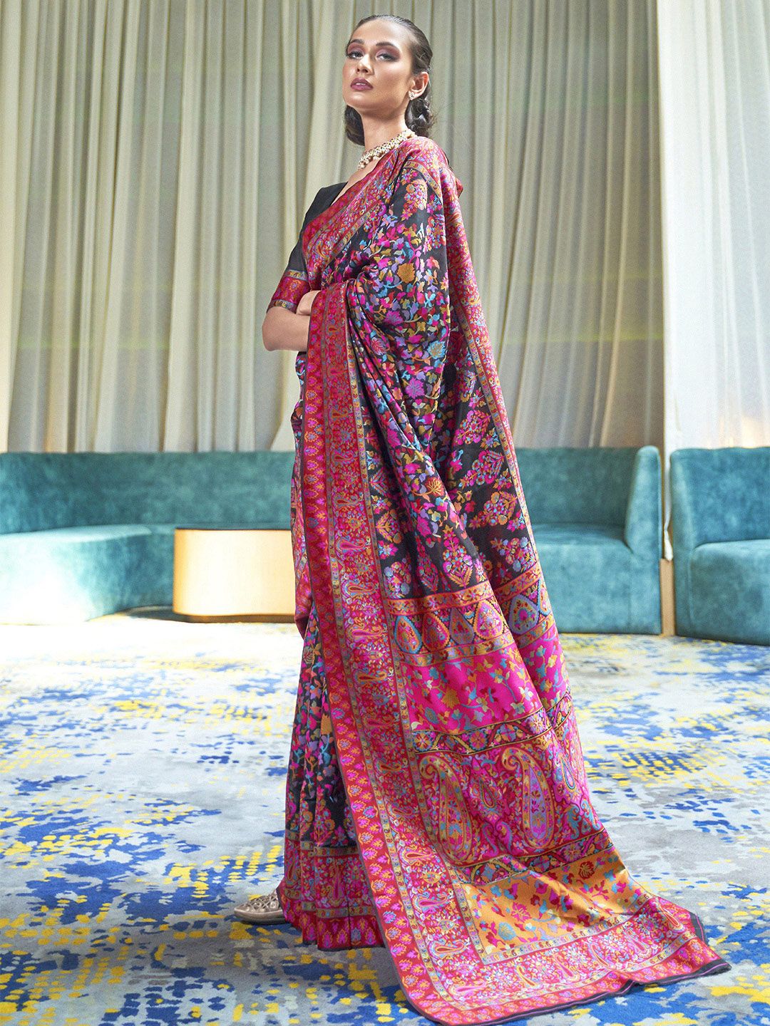 Mitera Black & Magenta Floral Banarasi Saree Price in India