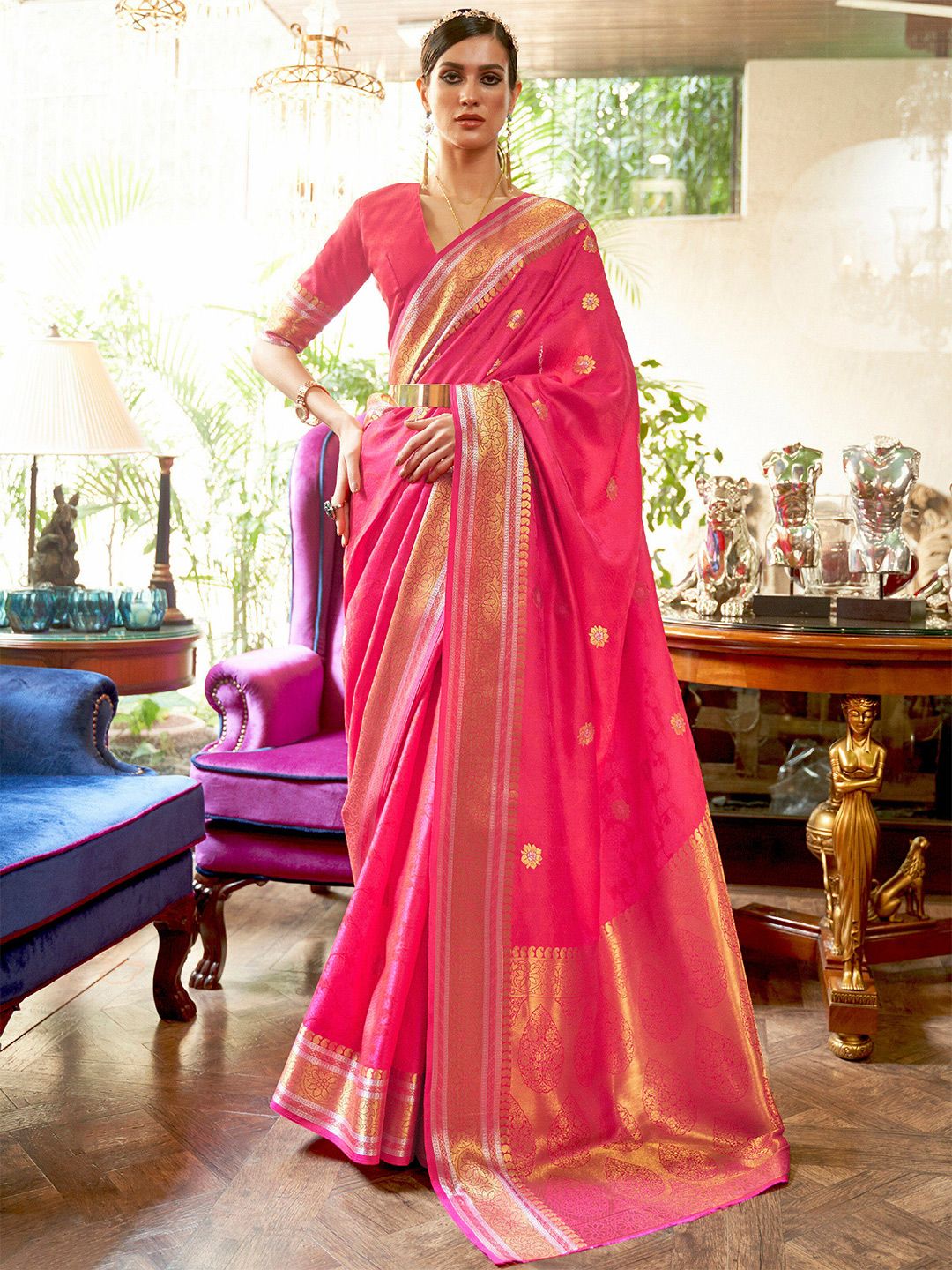 Mitera Pink & Golden Floral Zari Silk Blend Banarasi Saree Price in India