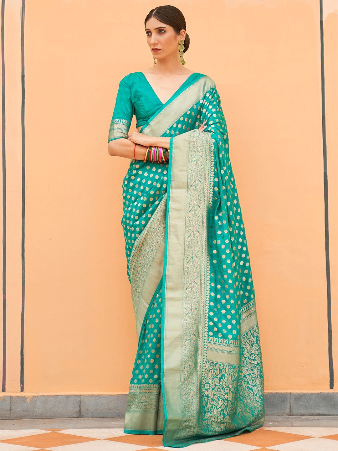 Mitera Sea Green & Golden Floral Zari Banarasi Saree Price in India