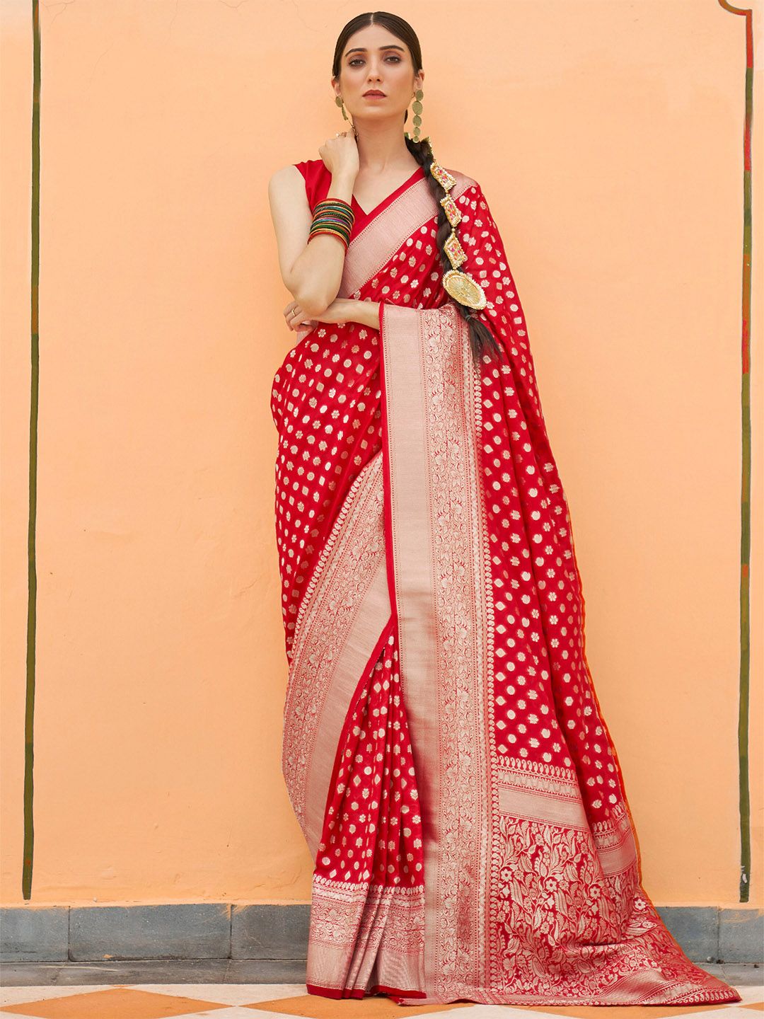 Mitera Red & Gold-Toned Woven Design Zari Banarasi Saree Price in India