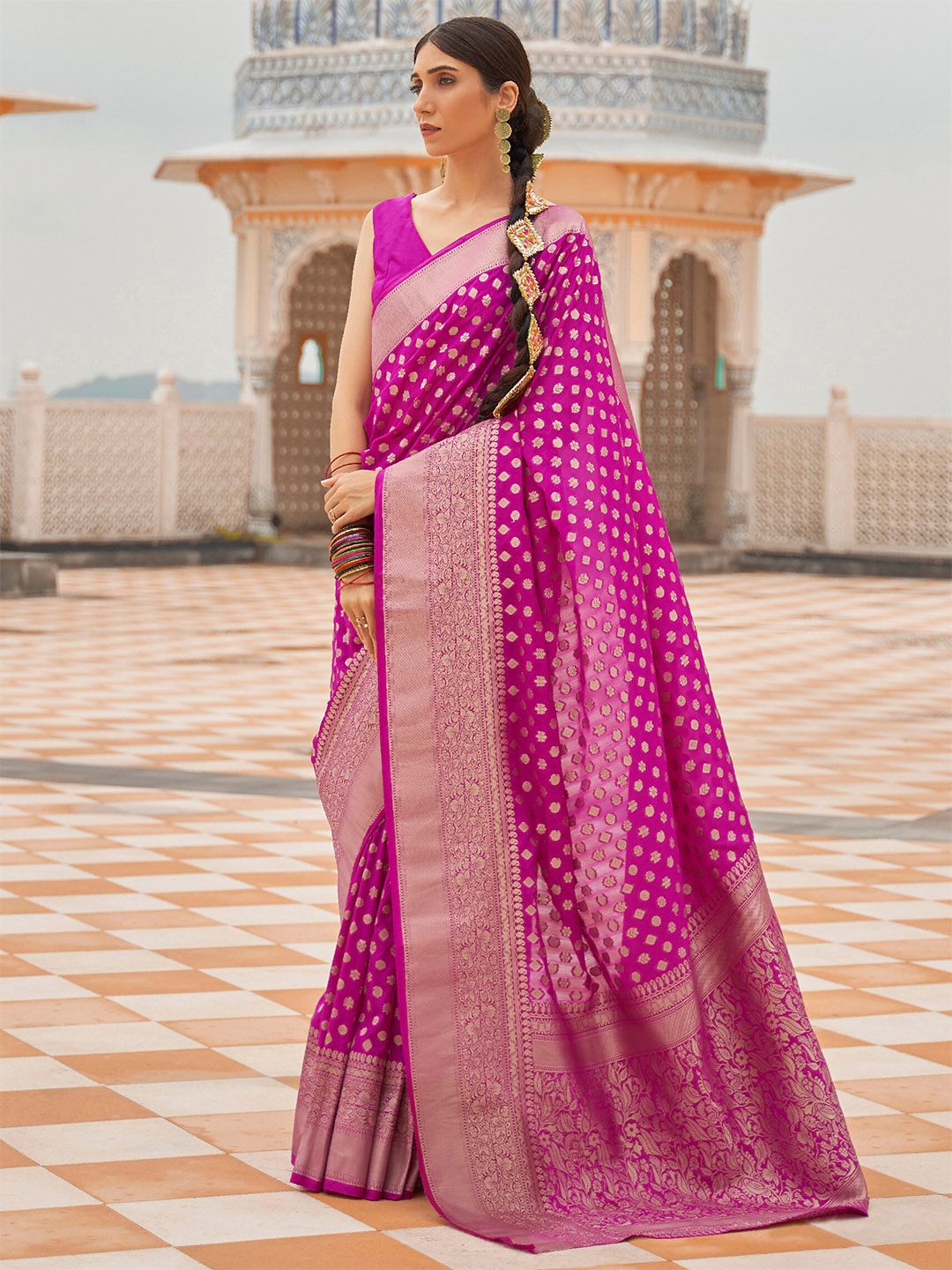 Mitera Women Magenta Nylon Woven Design Saree Price in India