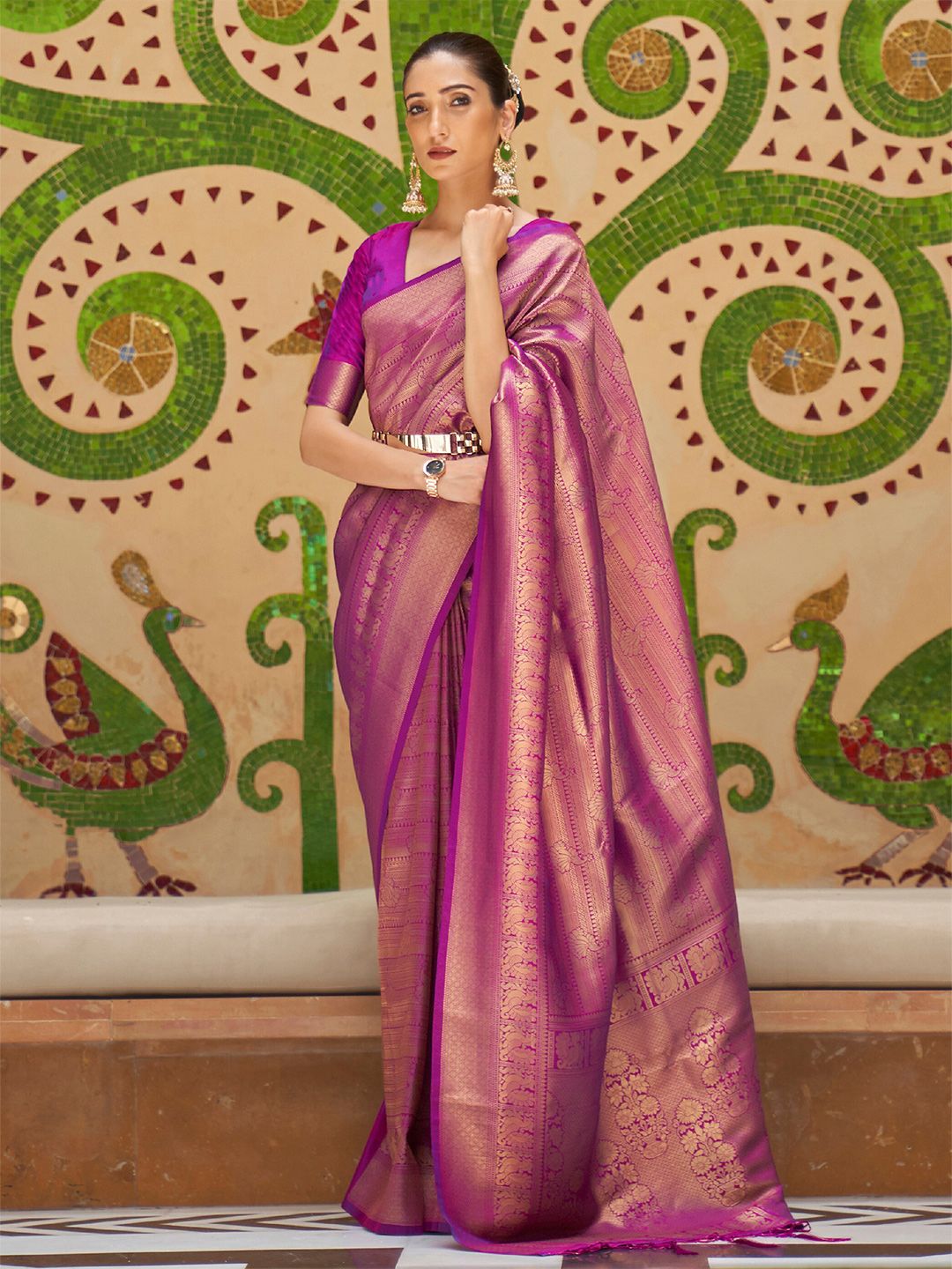 Mitera Magenta & Golden Ethnic Motifs Zari Silk Blend Banarasi Saree Price in India