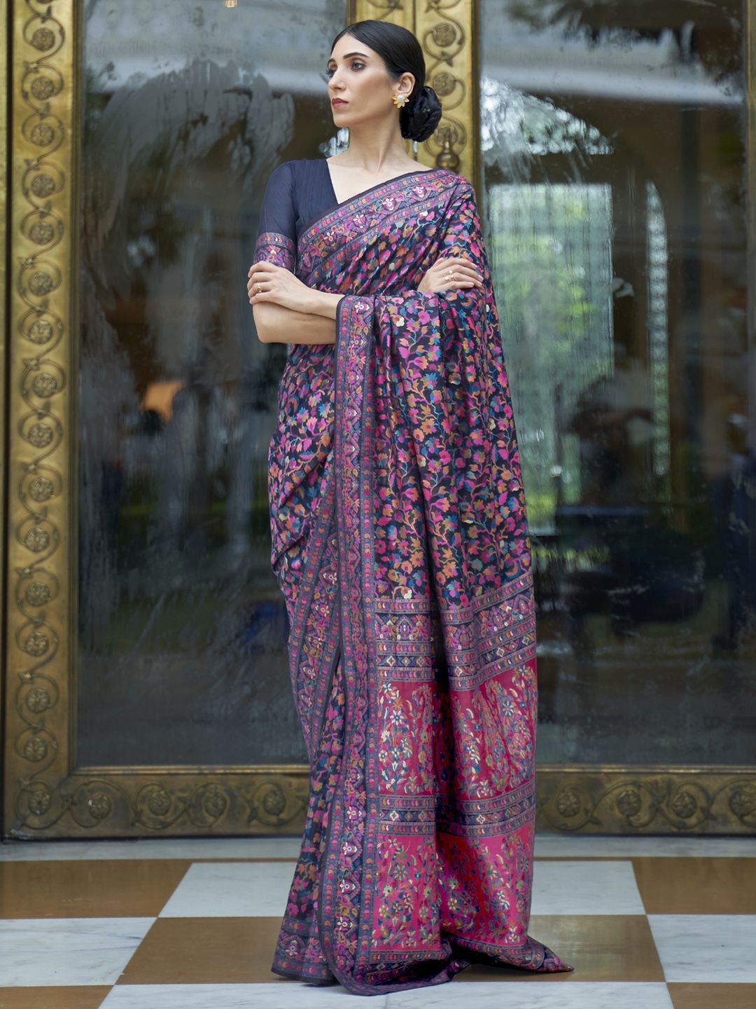 Mitera Navy Blue & Pink Floral Zari Silk Blend Banarasi Saree Price in India