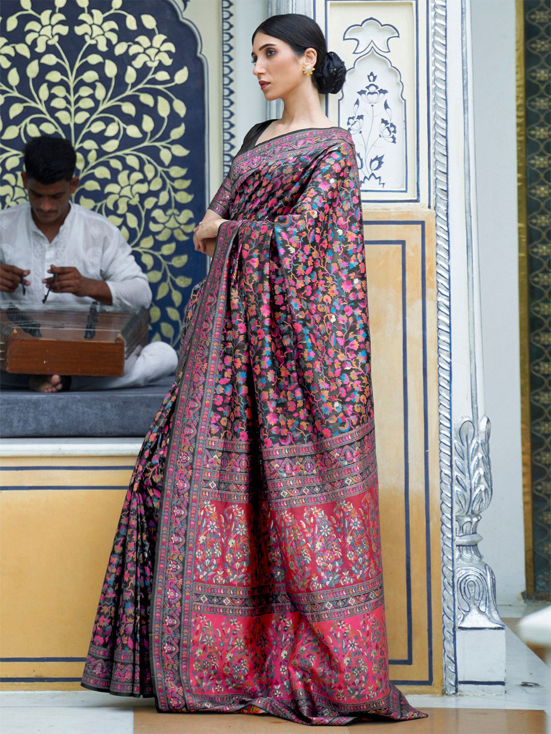Mitera Black & Pink Floral Silk Blend Saree Price in India