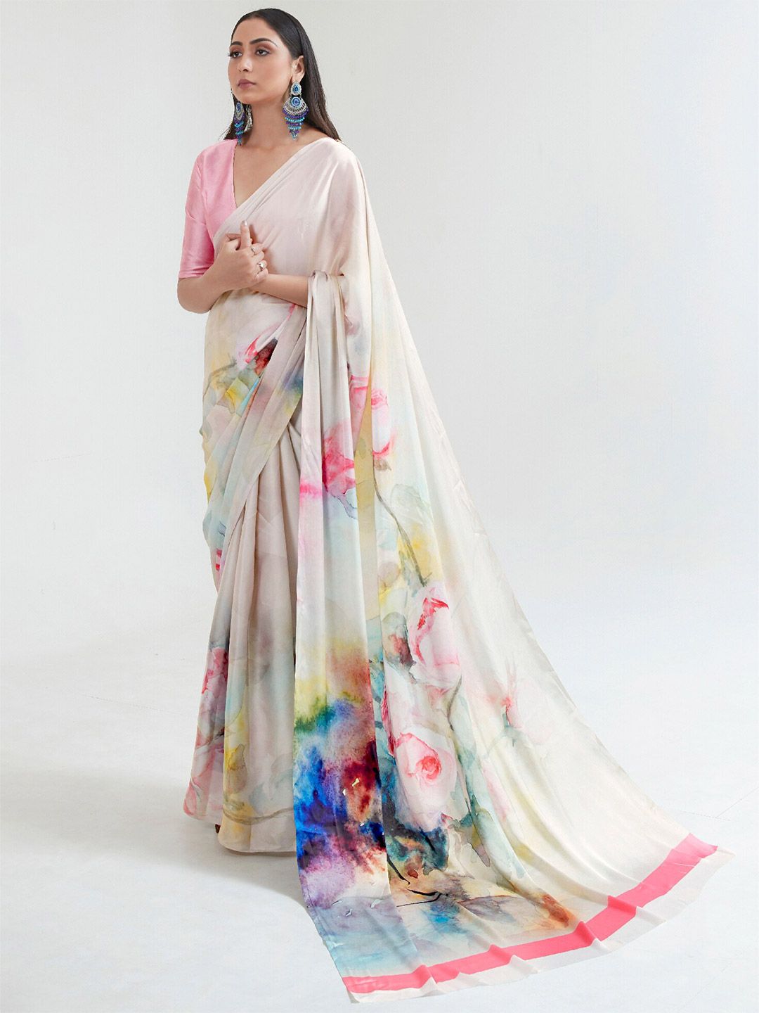 Mitera Off-White & Pink Abstract Printed Satin Saree Price in India