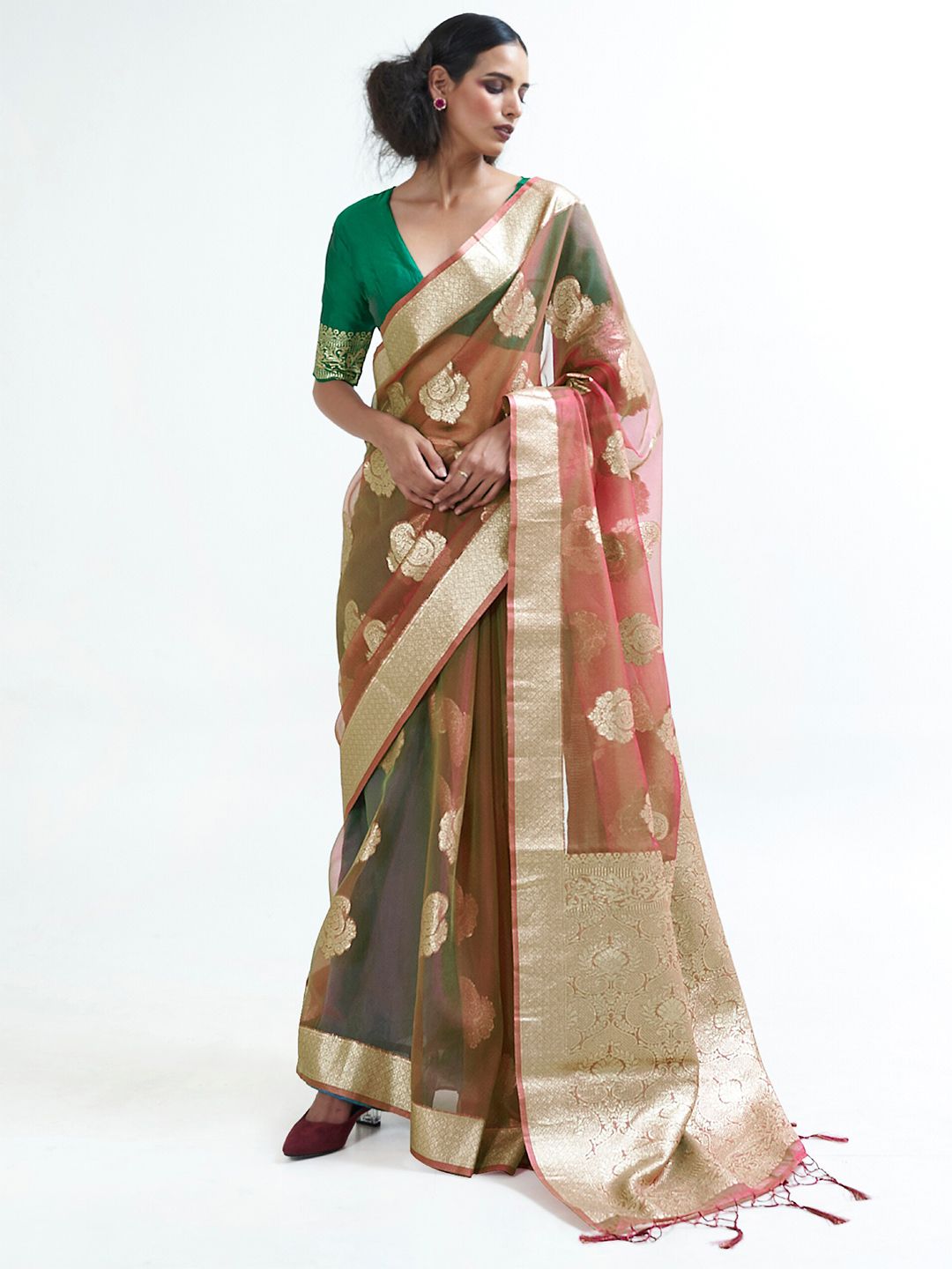 Mitera Brown & Gold-Toned Woven Design Organza Banarasi Saree Price in India