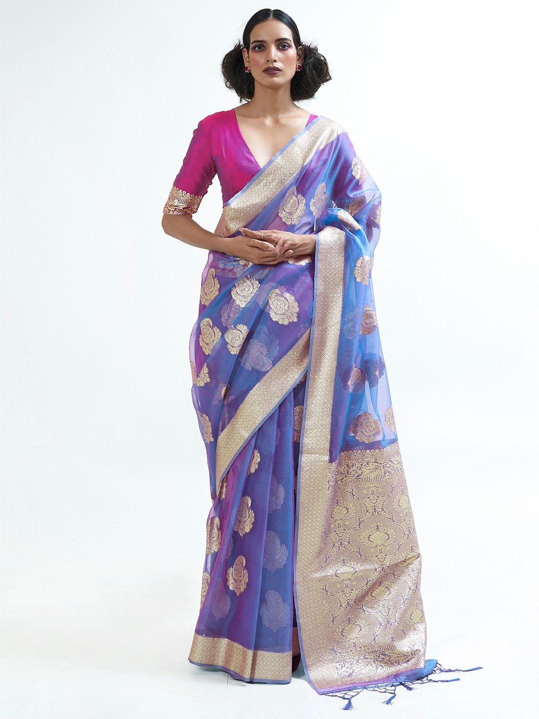 Mitera Blue & Gold-Toned Ethnic Motifs Organza Banarasi Saree Price in India