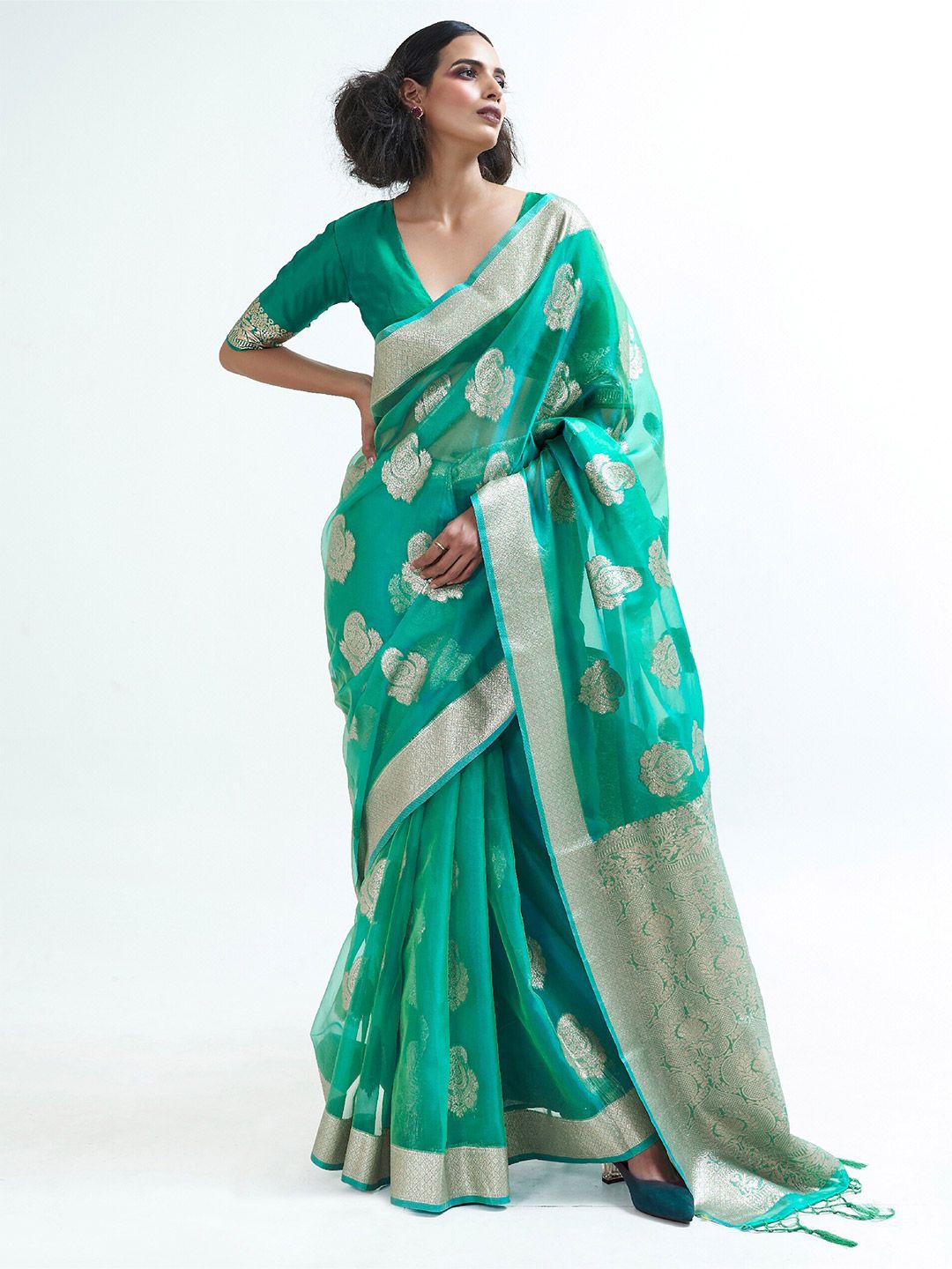 Mitera Teal Blue & Silver-Toned Floral Organza Banarasi Saree Price in India