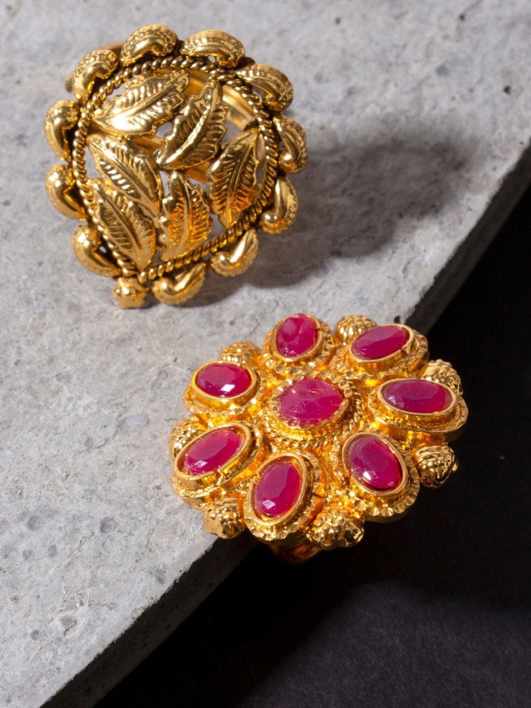AccessHer Set Of 2 Gold-Plated & Stone Studded Finger Ring Price in India