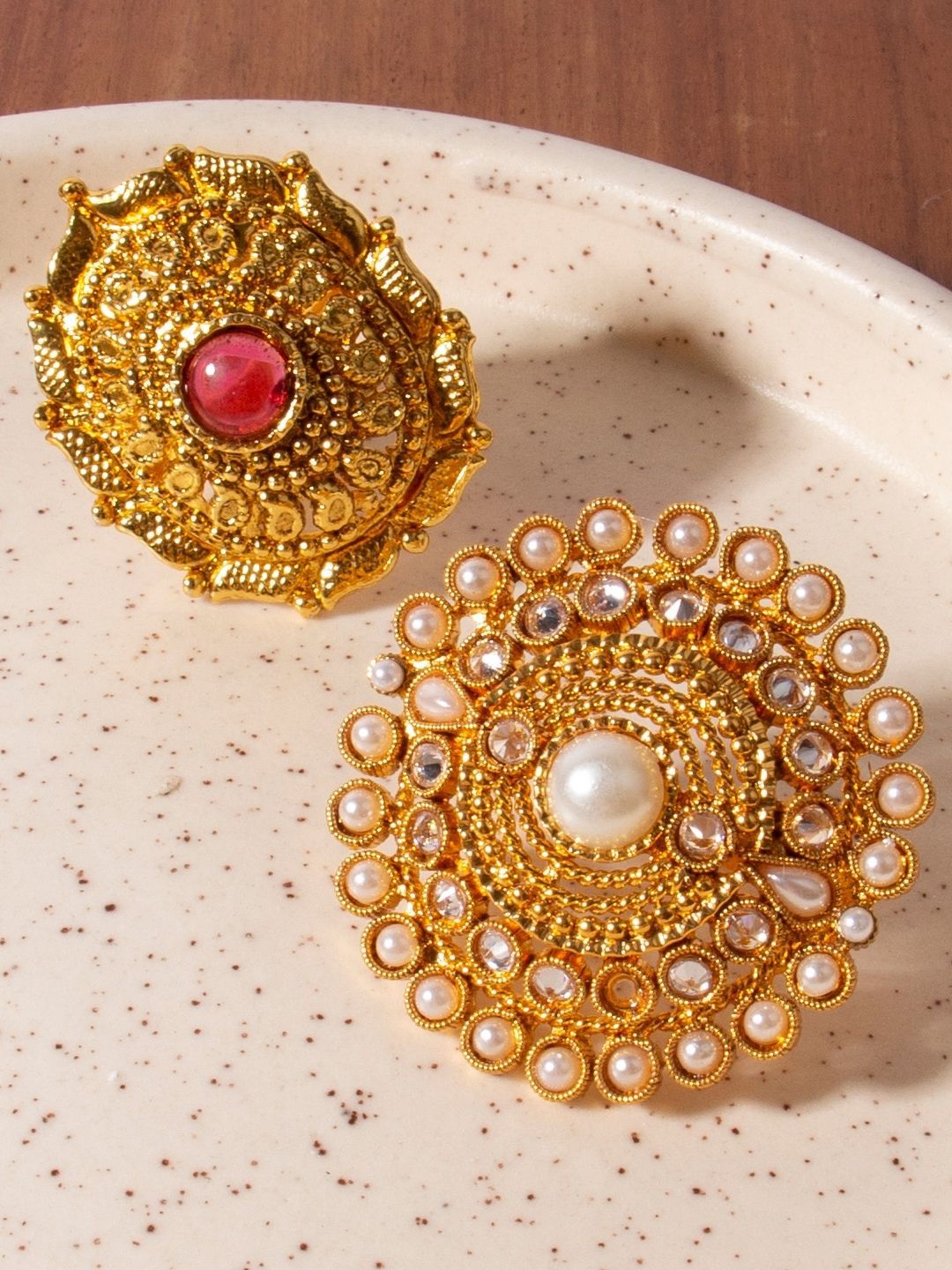 AccessHer Set Of 2 Gold-Plated White & Pink Stone-Studded & Pearl Beaded Antique Adjustable Finger Ring Price in India