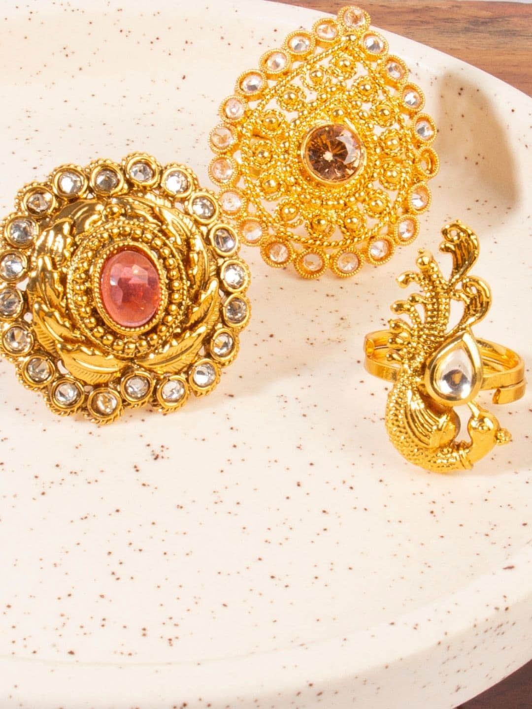 AccessHer Set Of 3 Gold-Plated & Red Stone Studded Finger Rings Price in India