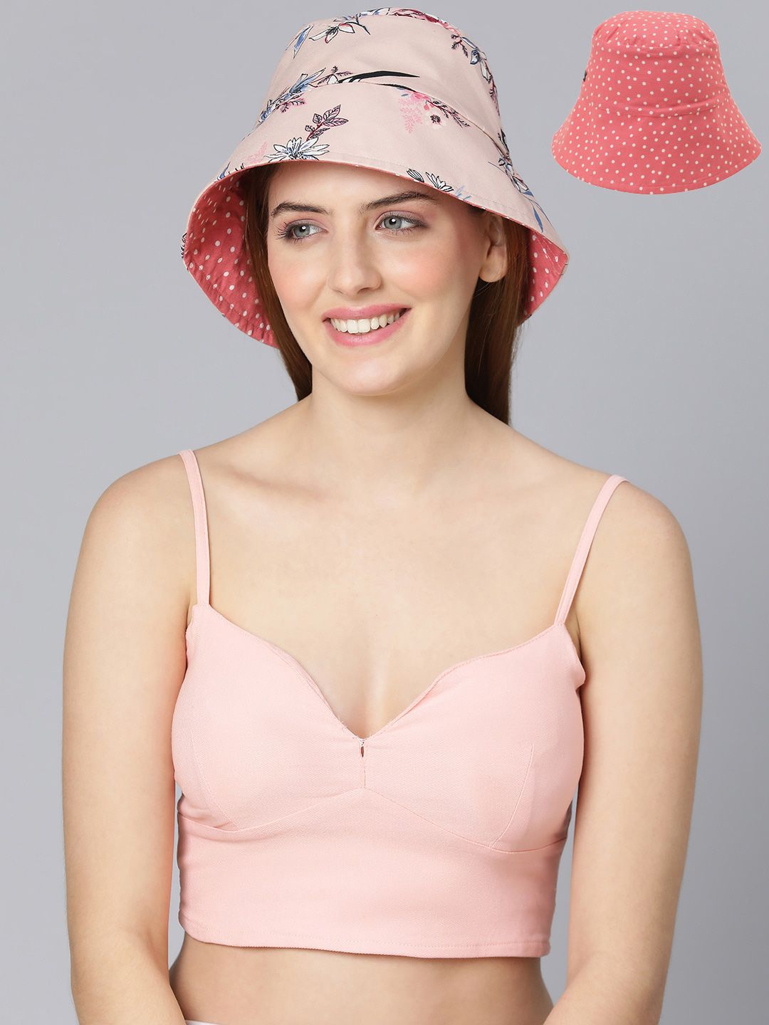 Oxolloxo Women Peach & Red Printed Reversible Sun Hat Price in India