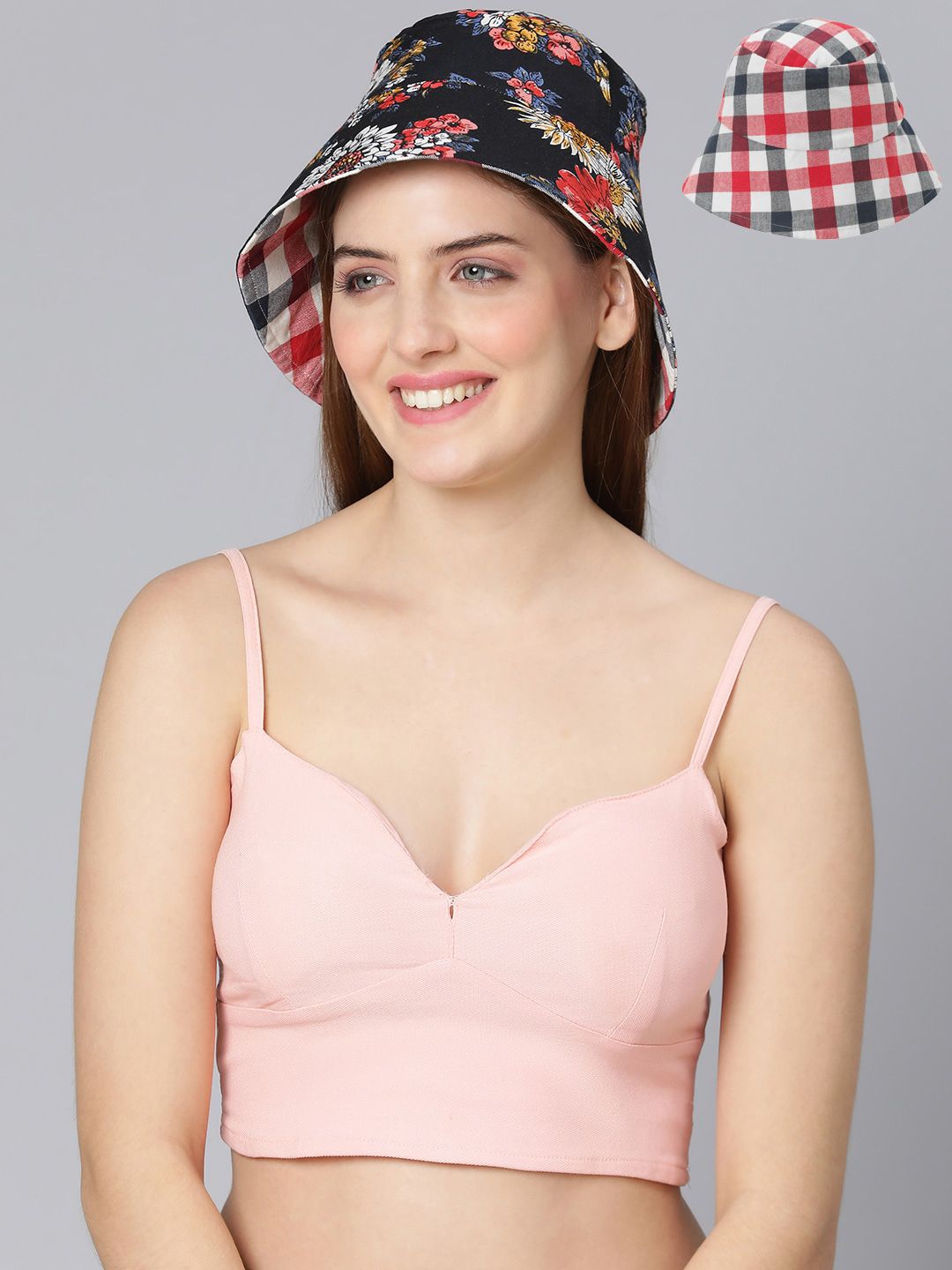 Oxolloxo Women Black & Red Checked Reversible  Bucket Hat Price in India