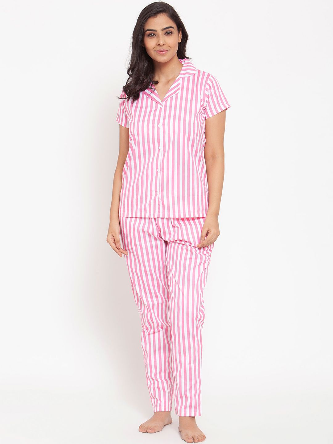 Boston Club Women Pink & White Striped Cotton Night suit Price in India