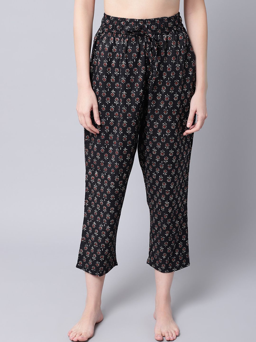 TAG 7 Women Black & Maroon Printed Cotton Comfort-Fit Lounge Pant Price in India