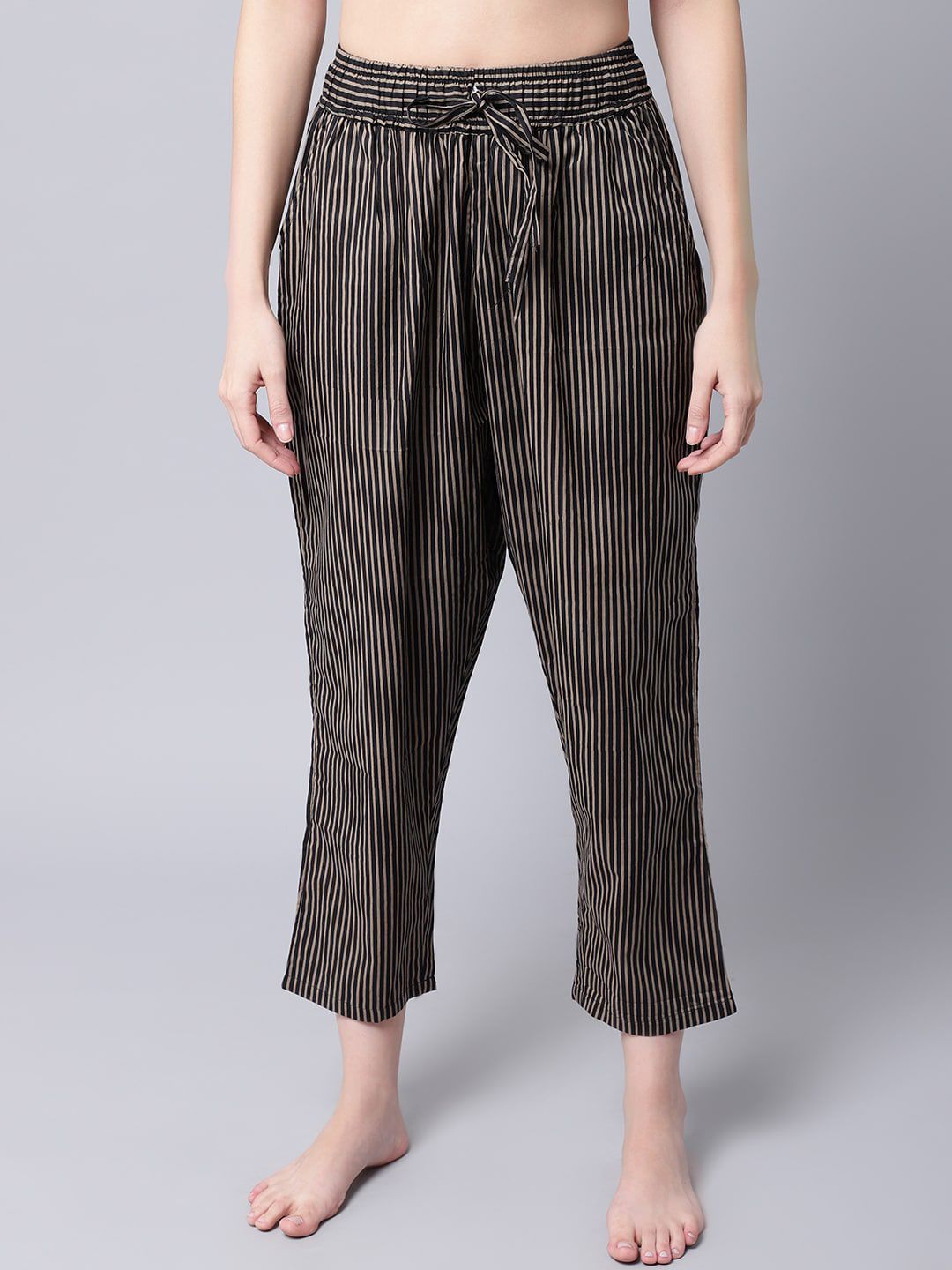 TAG 7 Women Black Striped Cotton Straight Lounge Pants Price in India