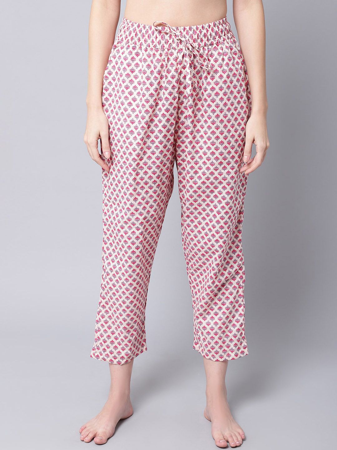 TAG 7 Women White & Pink Printed Cotton Comfort-Fit Lounge Pants Price in India