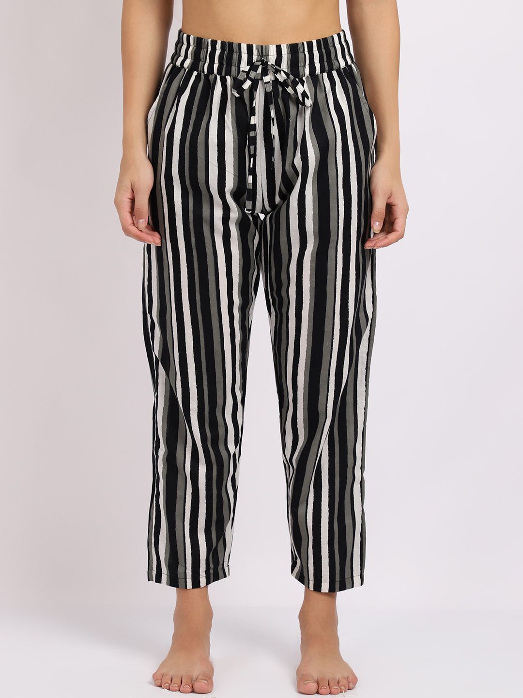 TAG 7 Women Black & White Striped Cotton Lounge Pants Price in India