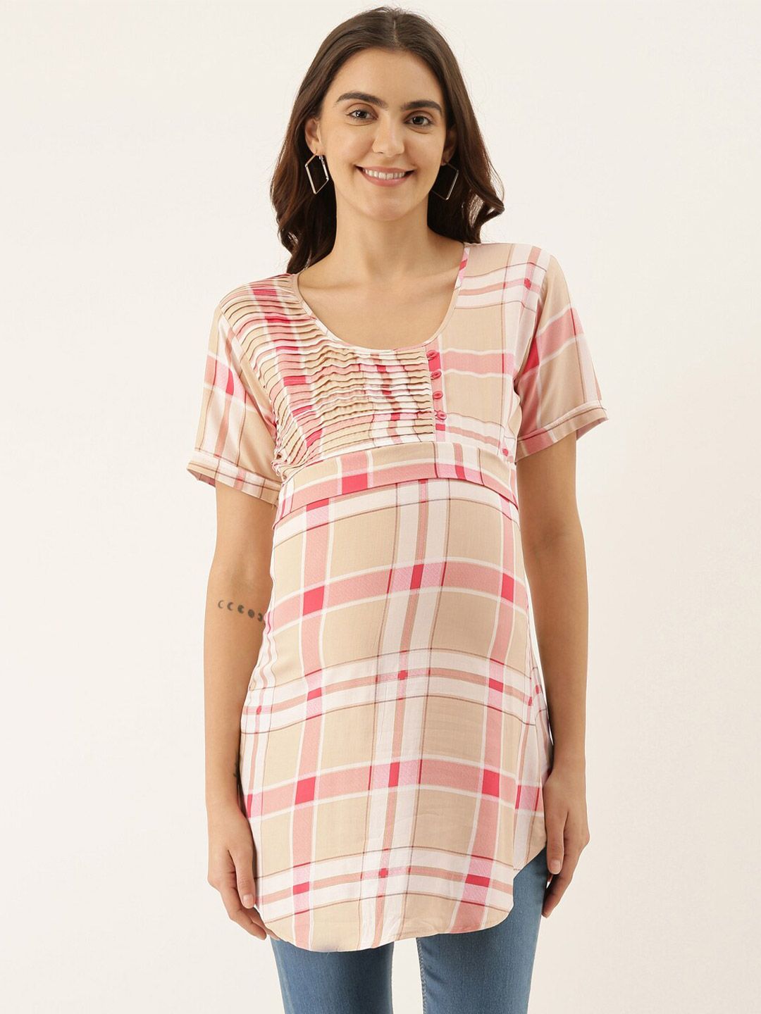 GOLDSTROMS Beige & Pink Modal Checked Tunic Price in India