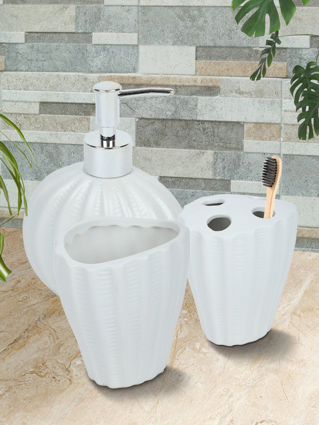 House Of Accessories Set Of 3 White Textured Bathroom Accessories Price in India