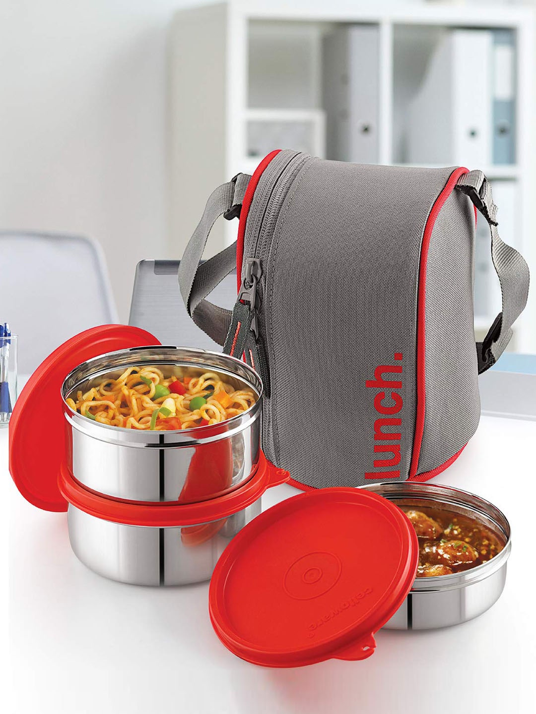 Cello Red & Silver-Toned Solid Stainless Steel Lunch Box With Bag Price in India