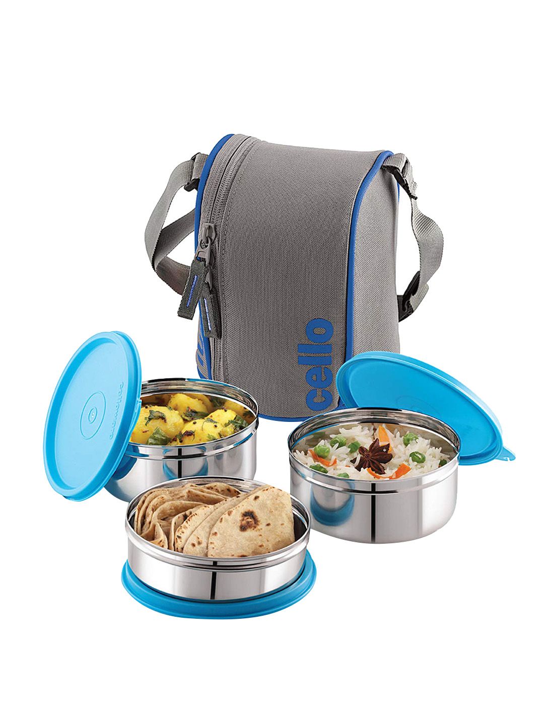 Cello Blue & Grey Solid Stainless Steel Lunch Box With Cover Price in India