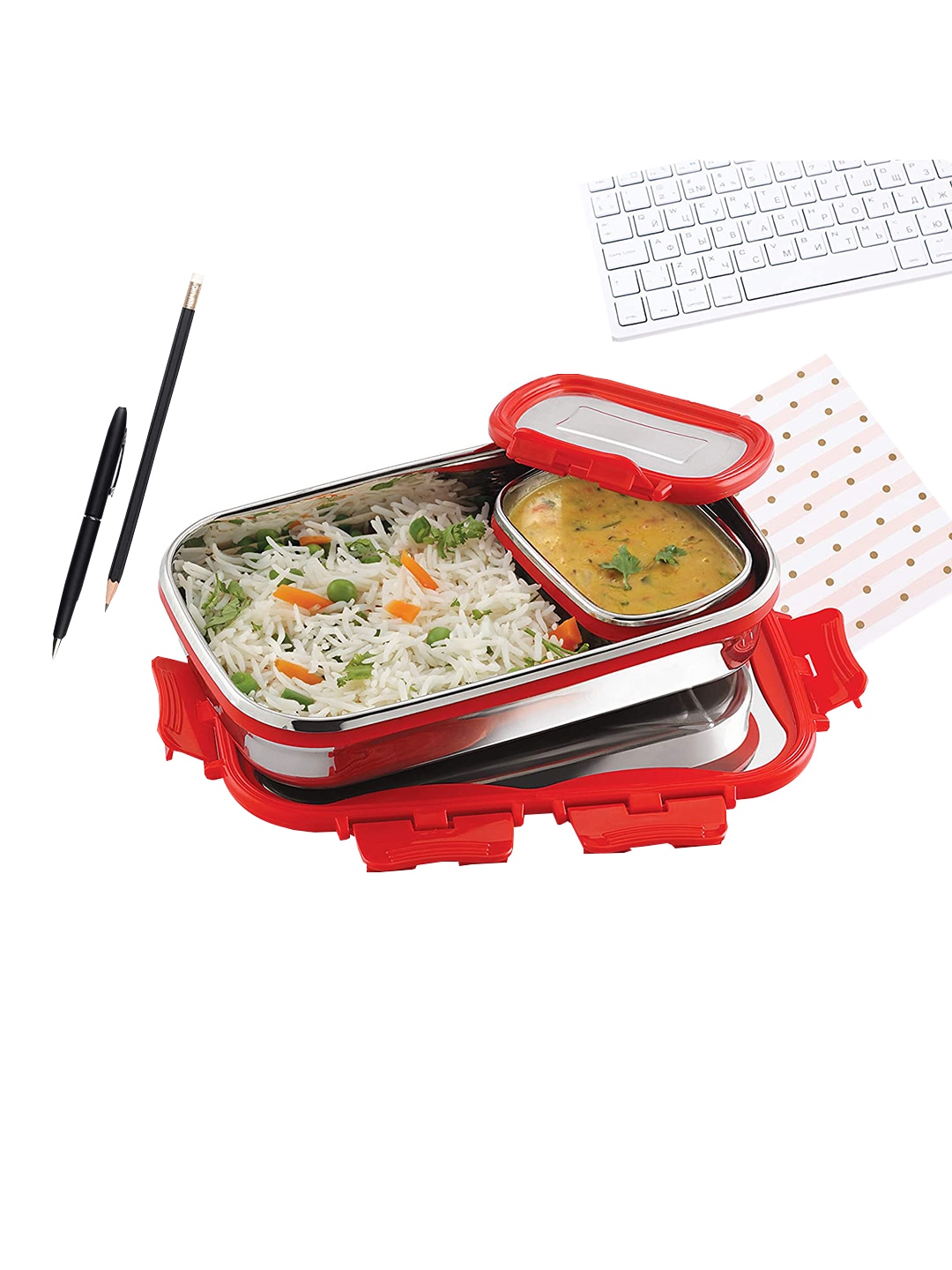 Cello Red & Silver-Toned Solid Stainless Steel Lunch Box Price in India