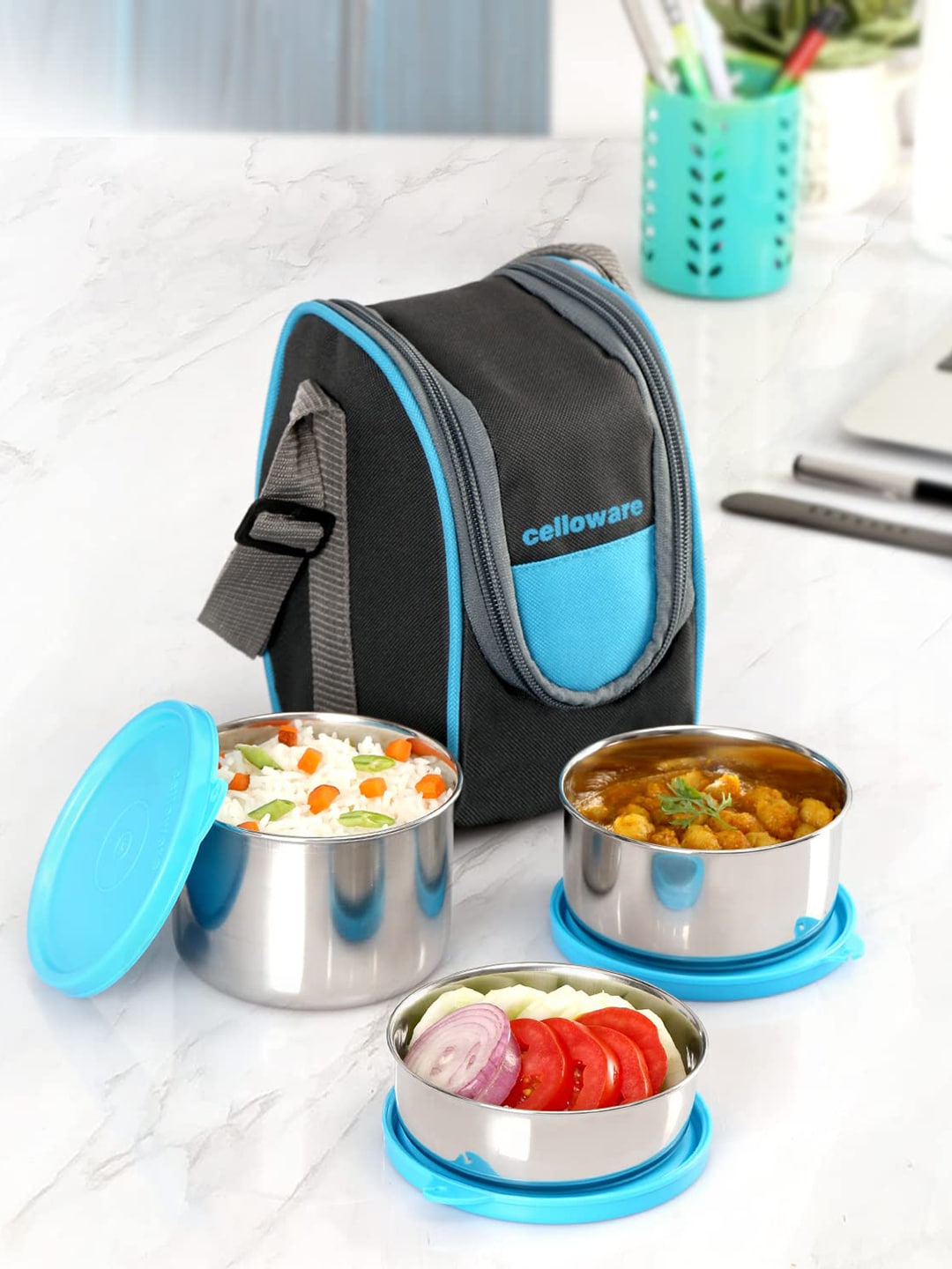 Cello Blue Solid Stainless Steel Lunch Box Price in India