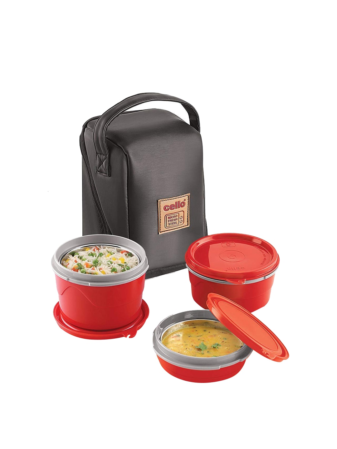 Cello Red & Silver-Toned Solid Stainless Steel Lunch Box With Bag Price in India