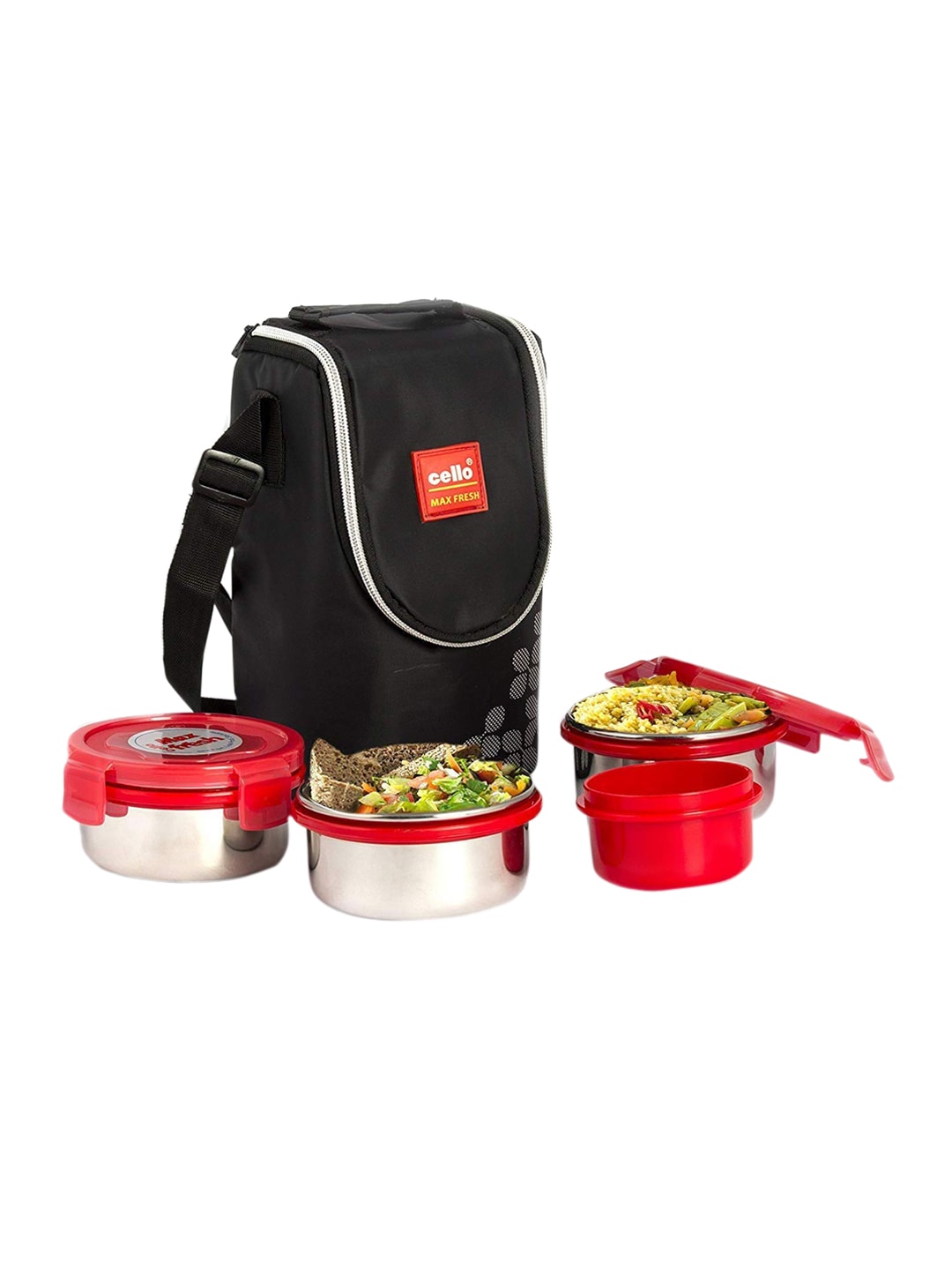 Cello 3 Pieces Red & Silver-Toned Solid Stainless Steel Lunch Box With Bag Price in India