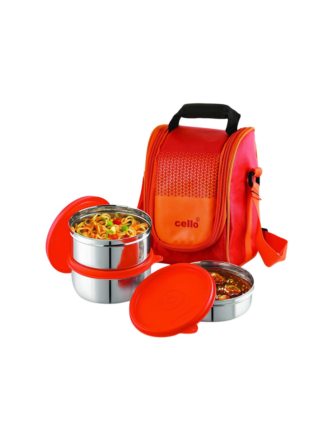 Cello Unisex Orange & Silver-Toned Solid Stainless Steel Lunch Box With Bag Price in India