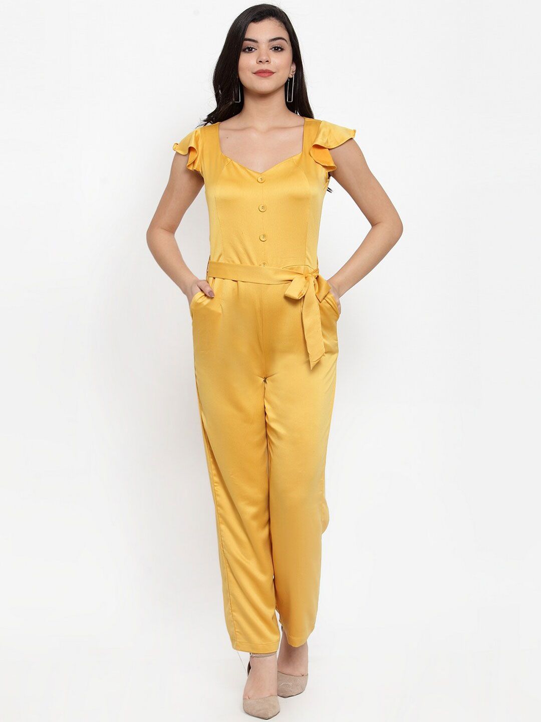 Aujjessa Women Yellow Solid Basic Jumpsuit Price in India