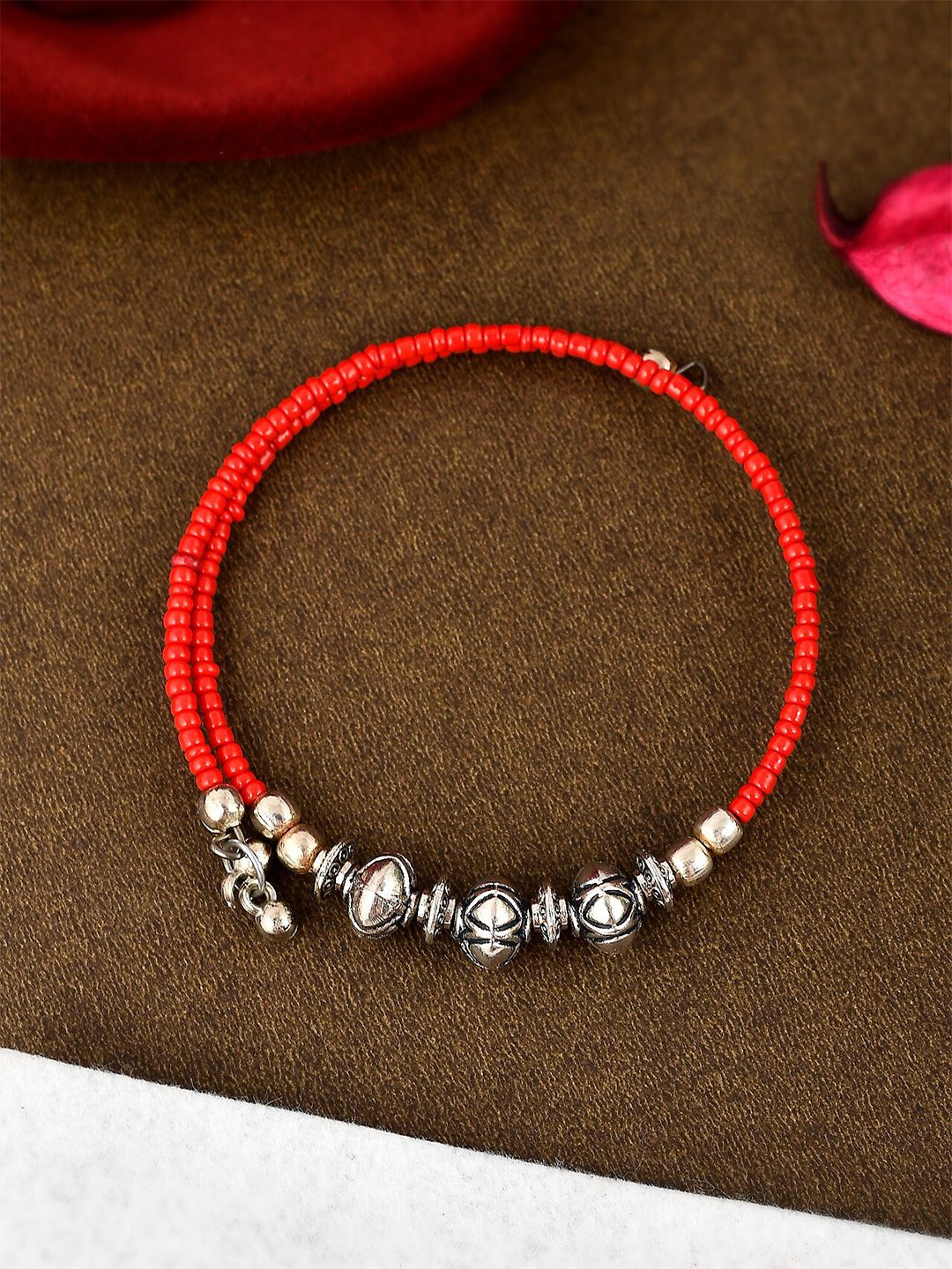 Silvermerc Designs Women Red Brass Oxidised Silver-Plated Wraparound Bracelet Price in India
