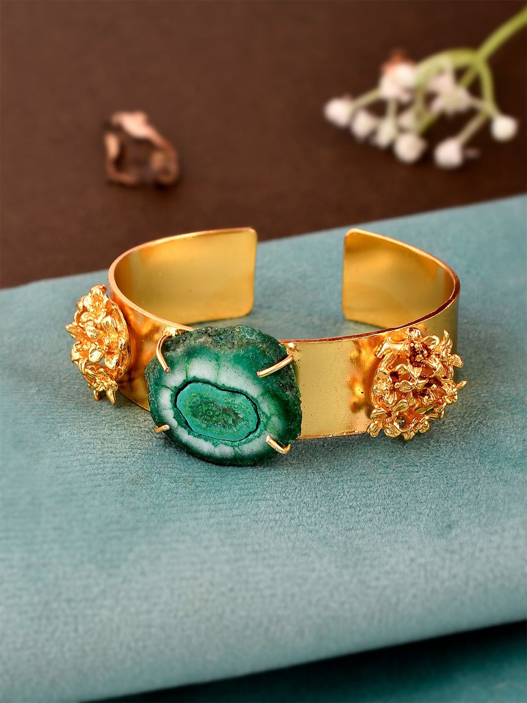 Silvermerc Designs Women Gold-Plated & Green Brass Cuff Bracelet Price in India