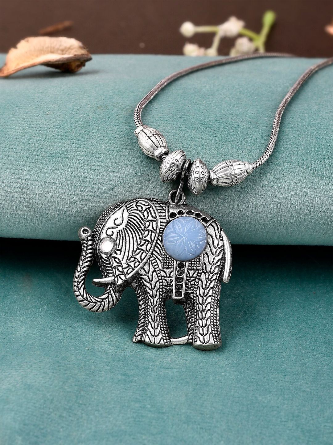 Silvermerc Designs Unisex Silver-Plated Blue Brass  Oxidised Elephant Necklace Price in India