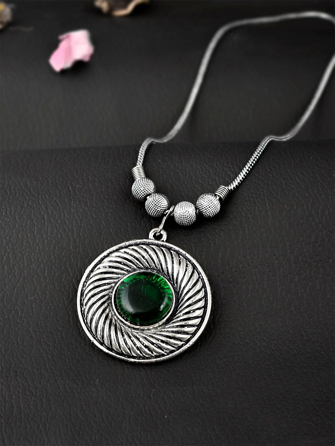Silvermerc Designs Unisex Silver-Toned & Green Brass Silver-Plated Oxidised Necklace Price in India