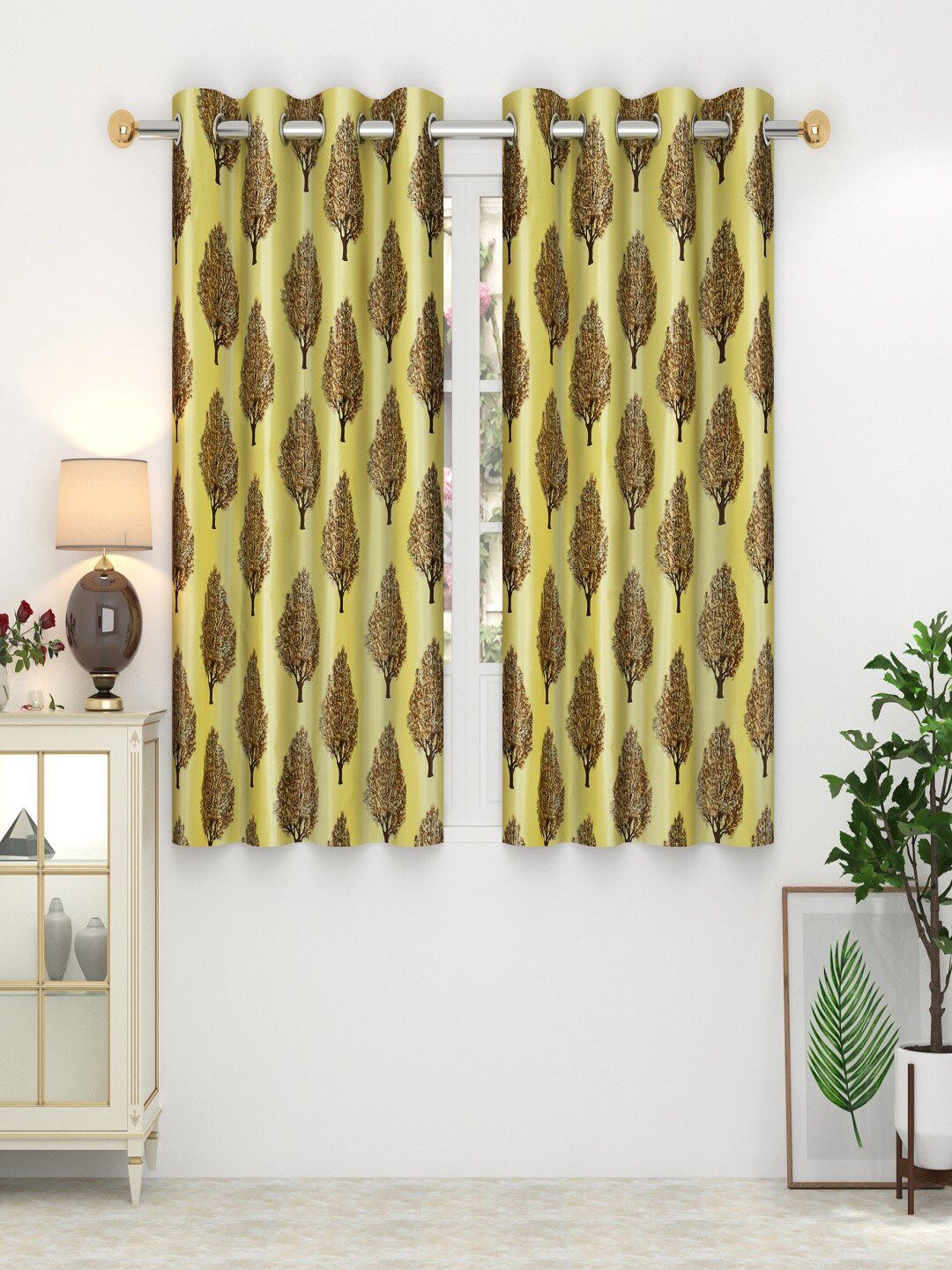 Homefab India Yellow & Brown Set of 2 Floral Window Curtain Price in India