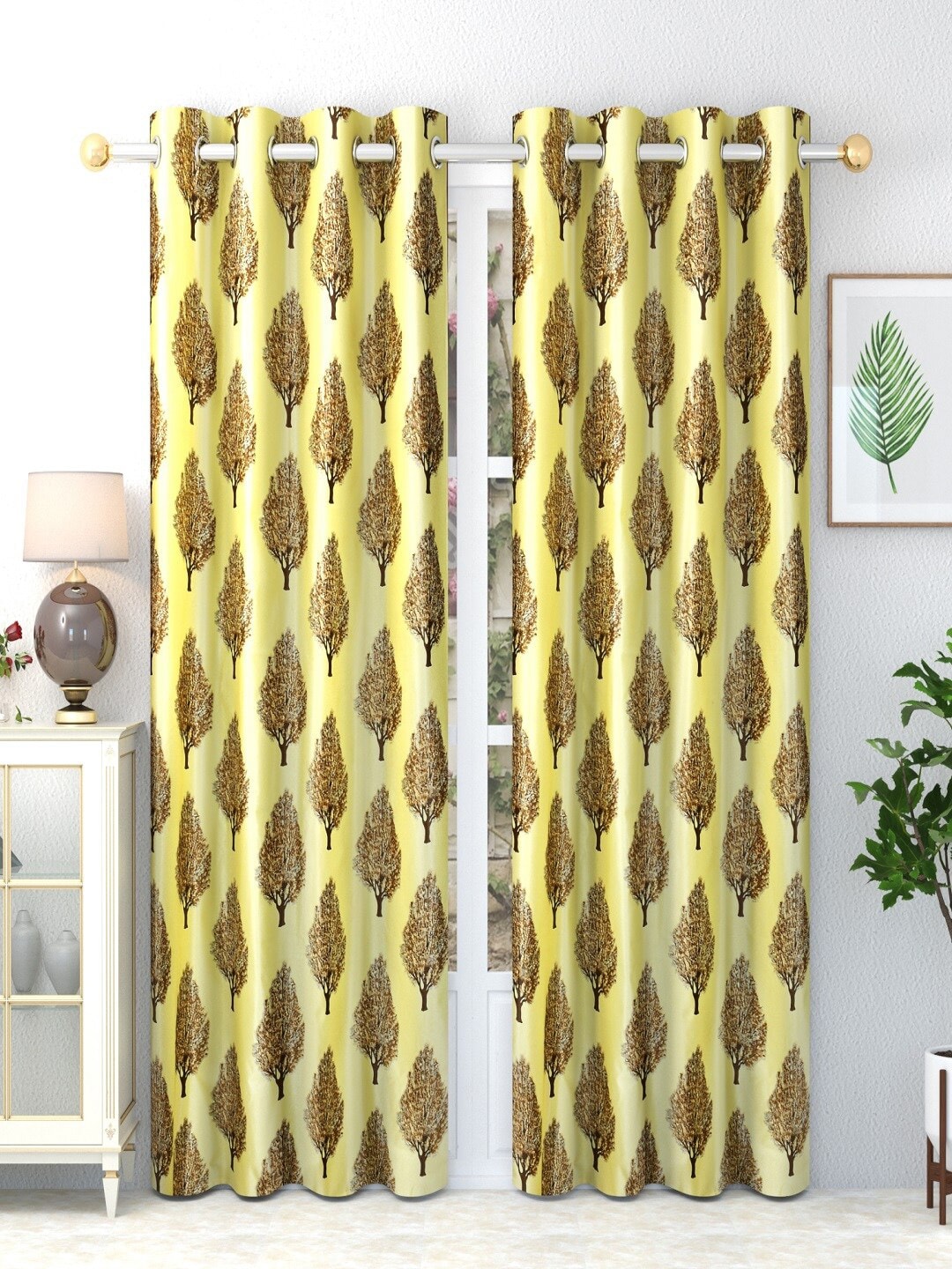 Homefab India Yellow & Brown Set of 2 Floral Door Curtain Price in India