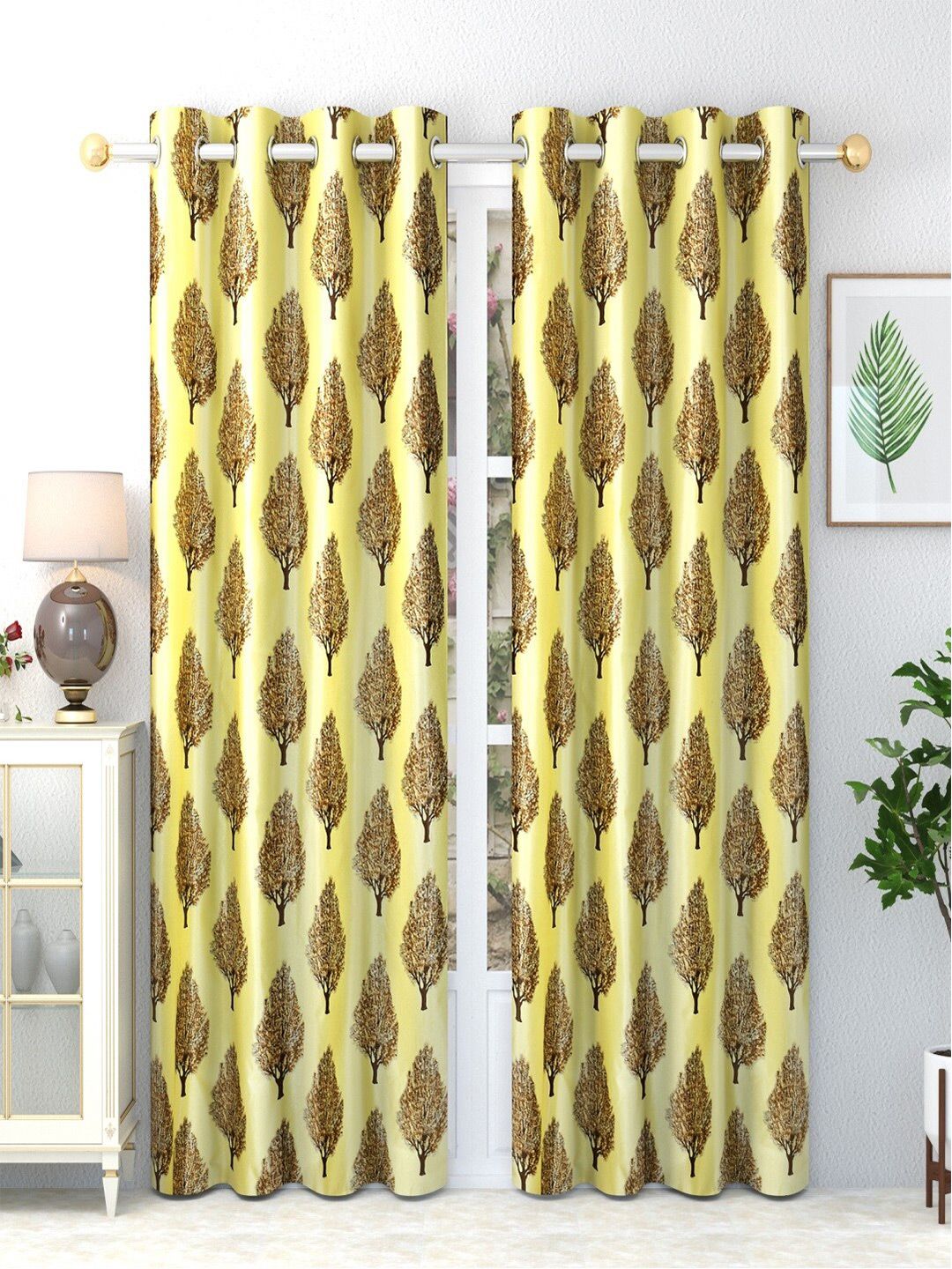 Homefab India Yellow & Brown Set of 2 Floral Long Door Curtains Price in India