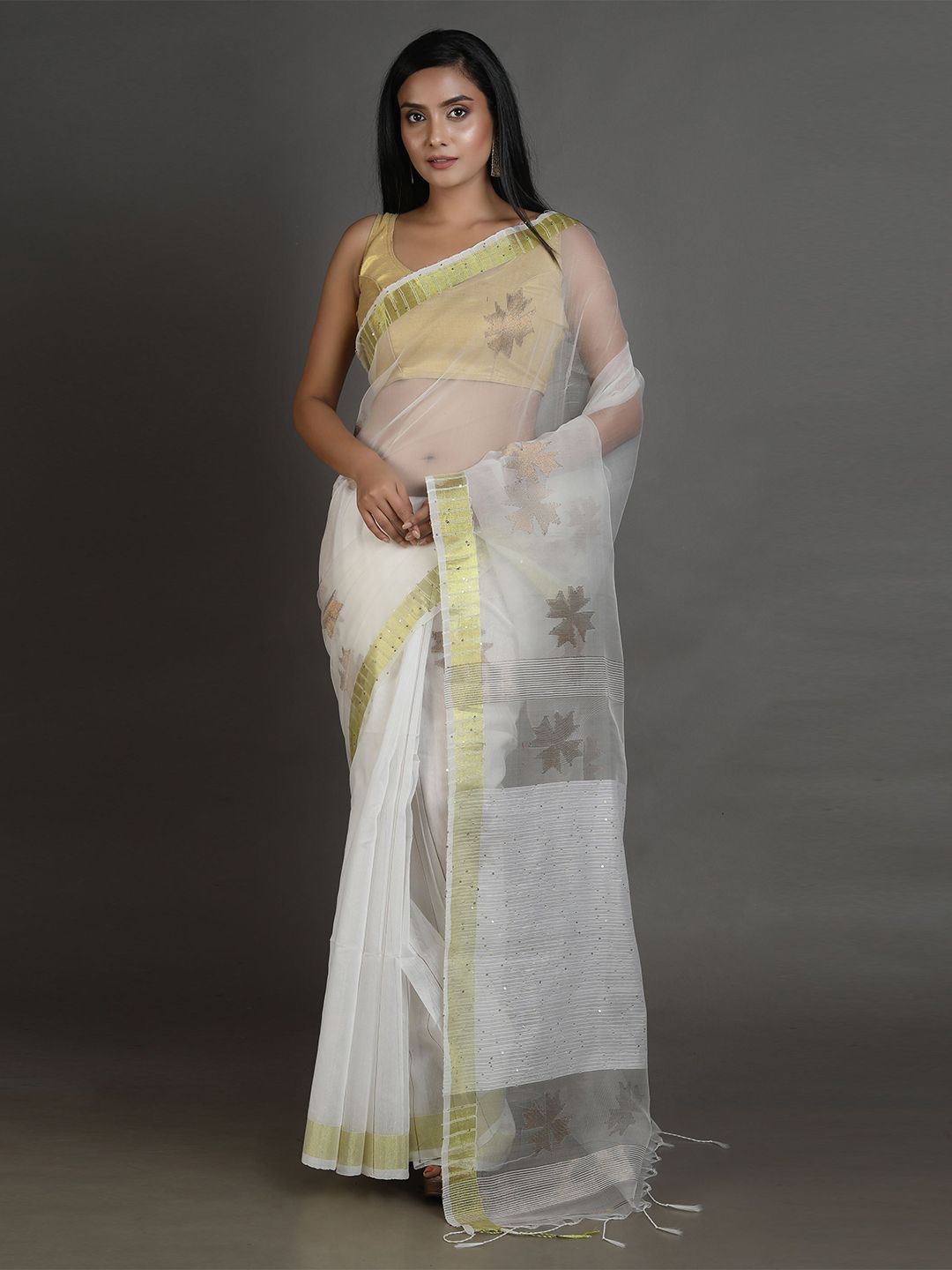 Arhi White & Gold-Toned Woven Design Sequinned Pure Silk Saree Price in India